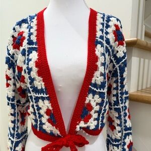 Francesca's Collections Red, Blue, and White Crochet Cardigan